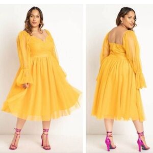 Eloquii Yellow Ruffled Tiered Midi Dress with Bishop Sleeves